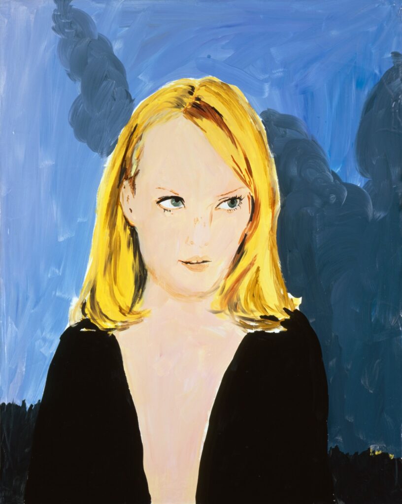 a karen kilimnik painting, very brushy, of a bust of model amber valletta, with blonde, straight, shoulder length hair looking intently to her left, wearing a black top, neckline plunging out of the frame, so the dominant feature of the painting is the model's pale pink and beige flesh. the eyes are painted with more detail. the background is several shades of blue, and according to chloe sevigny who bought it, they represent the flames of the title, The great hamptons fire. image via 303 gallery.