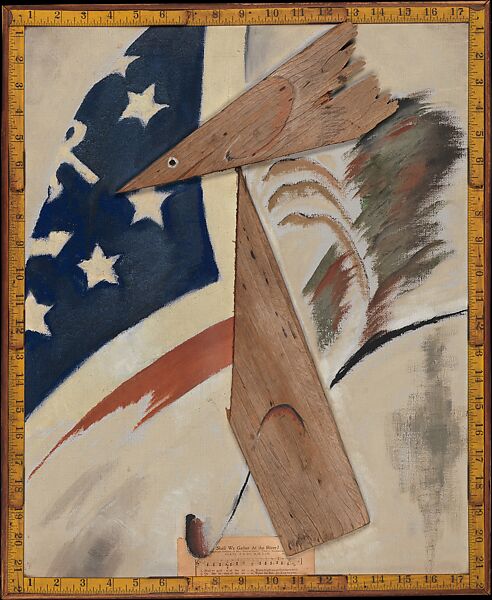 arthur dove's portrait of ralph dusenberry, a houseboat neighbor of his on long island, is an assemblage in which two pieces of wood board, cut at an extreme angle, balance one atop the point of the other. a rivet on the upper piece reads as an eye on a head, but tbh, it also looks like an eel. under the wood at the bottom edge is a fragment of sheet music from one of ralph's favorite songs, and a section of an american-lookin' flag is painted on the background. the whole image is framed by a carpenter's wooden extendable ruler. from the metropolitan museum, via alfred stieglitz, dove's longtime dealer.