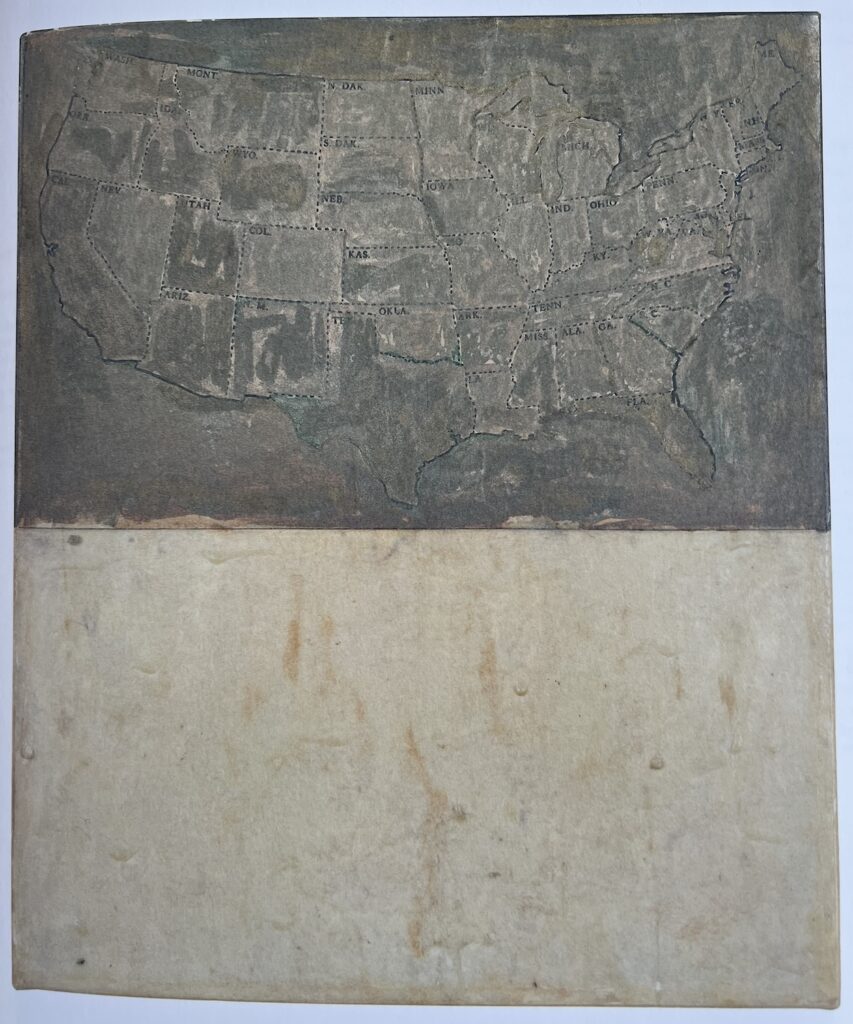 a grey green painted map of the usa by jasper johns has dotted lines to mark the borders between states. the overpainted sheet is mounted on another sheet of vellum, and the lower half of the vellum is painted with cream encaustic. the whole thing is mounted on canvas. this 1966-67 painting by jasper johns was a gift to the artist lois long, and is only reproduced, i think, in the artist's catalogue raisonnée [as P160], which is why there's a slightly wonky white border on the image, because I took a pic of the open page.