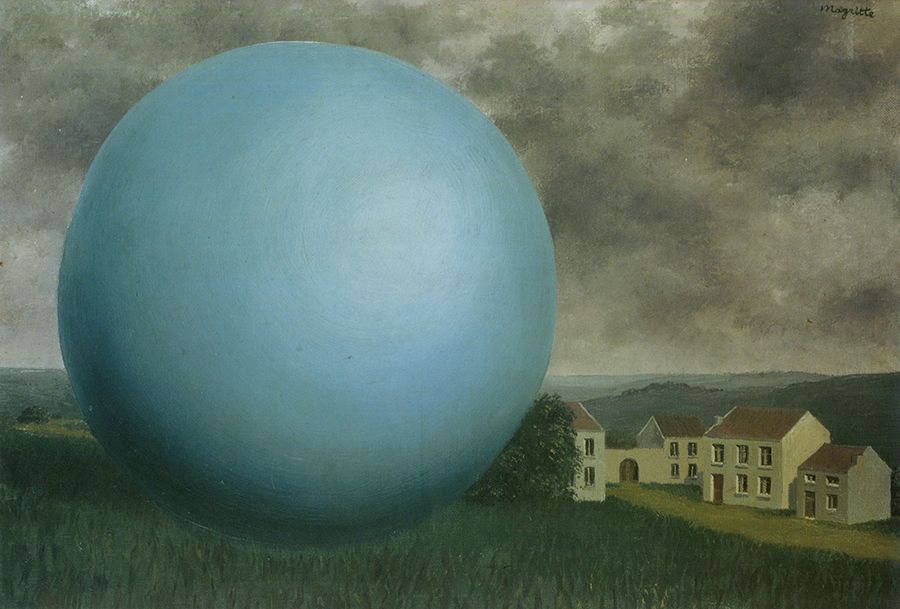 in rene magritte's 1932 painting l'ombre monumental (the monumental shadow) a blue tinted featureless sphere sites on a grassy field next to a tree and a white complex of house and farm in the rural landscape. the clouds are grey, which makes me wonder about how much shadow might actually be cast. the orb is 2.5-3 times as tall as the two storey houses. the painting is in a private collection in florida, i think, and is discussed here in relation to other magrittes and the larger context of ten-storey tall orbs