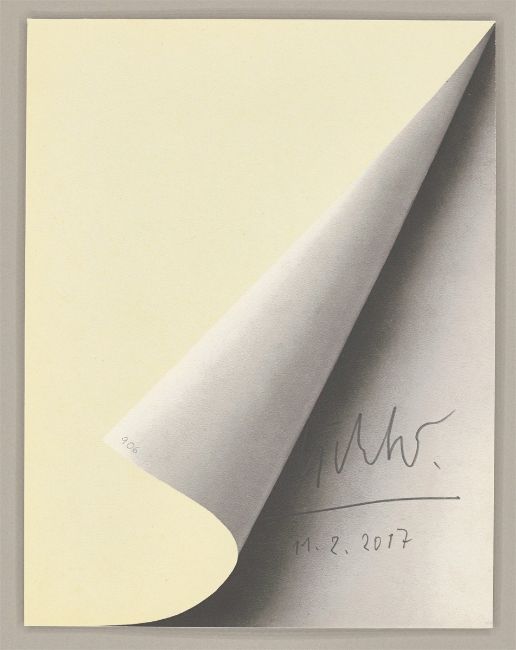 an example of gerhard richter's 1967 edition blattecke, sheet corner, a print of a photo of a painting depicting a curled up lower right corner of a sheet of cream colored paper that is white on the back. it casts shadow on the surface below it, where richter signed and dated this one 11.2.2017, and numbered it 906 on the curled sheet, selling in feb 2025 at grisebach