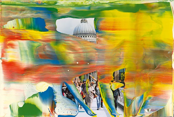 a snapshot of st pauls cathedral overpainted with mostly red green and yellow, and some blue, squeegeed above some strategic daubs or pours, at this range the uncovered pedestrians on the sidewalk peek out between the strands of paint. it is mv.177, a 2011 work by gerhard richter being sold at christies in march 2025