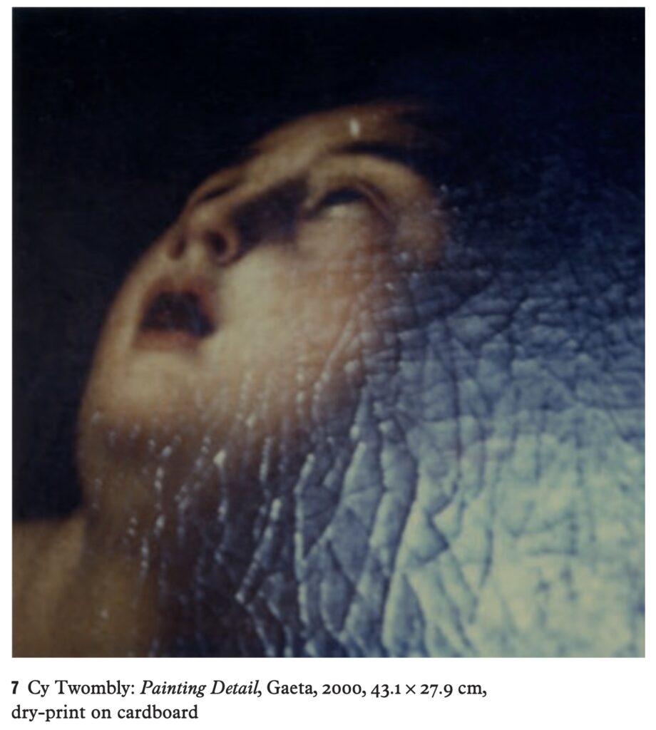 a color photocopy of a cy twombly polaroid of a renaissance painting of an upturned female face, mouth agape, gaze pointed upward, surrounded by a dark background, except that the lower right quarter of the image is filled with reflected glare from a light source, probably a window, that highlights the cracked surface of the painting. a caption in this screnshot reads 7 cy twombly: painting detail, gaeta, 2000, 43.1 x 27.9 cm, dry print on cardboard, by which they mean color photocopy on cardstock, but anyway, this was from a talk turned into a chapted of an anthology by steffen siegel, given originally in 2012 at a cy twombly conference in cologne.