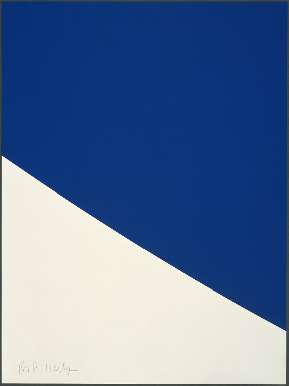 proof of a 1999 ellsworth kelly print, blue curve, is 8 x 6 inches vertical format, with a guillotine blade shaped trapezoid of deep blue litho ink filling the top 2/3 of the white sheet. gemini via nga.gov