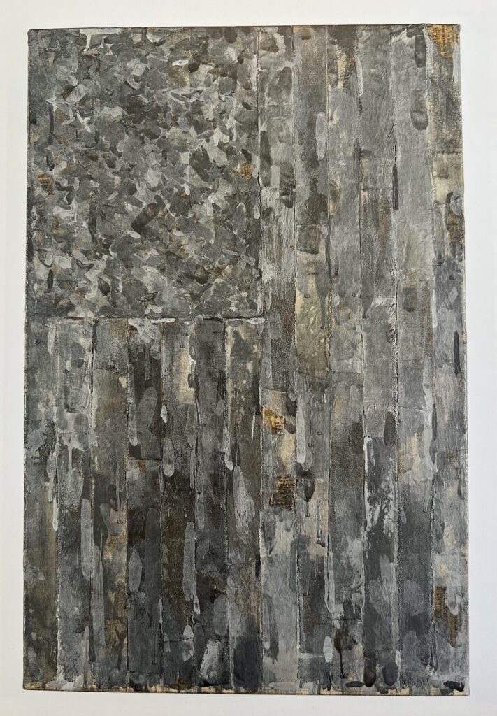 a 1971 jasper johns painting of a flag, oriented vertically, and executed mostly in greys in various shades. in a couple of spots the underlying images of newspaper photos or text remains uncovered by the thick brushstrokes of encaustic. the canton of stars in the upper left is kind of a finger painty mess, with just a few stars legible as stars. it had been a few years since johns had painted a flag, maybe this was him getting back in practice. image via jasper johns catalogue raisonne, no p181