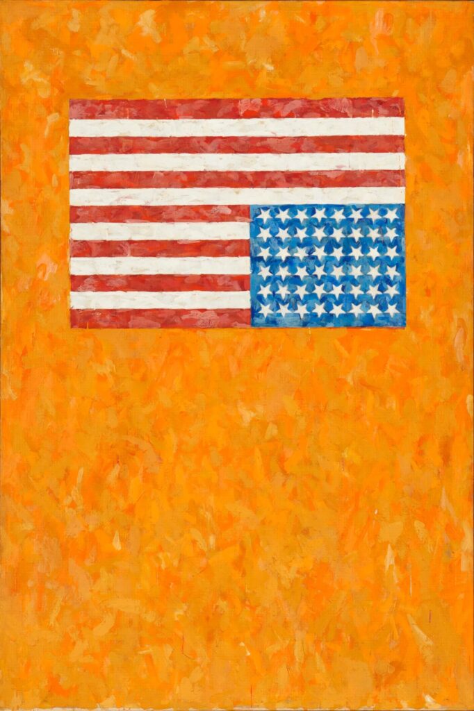 a jpg study of a repetition of a jasper johns flag on an orange field painting in which the us flag is painted upside down, as a symbol of dire constitutional distress