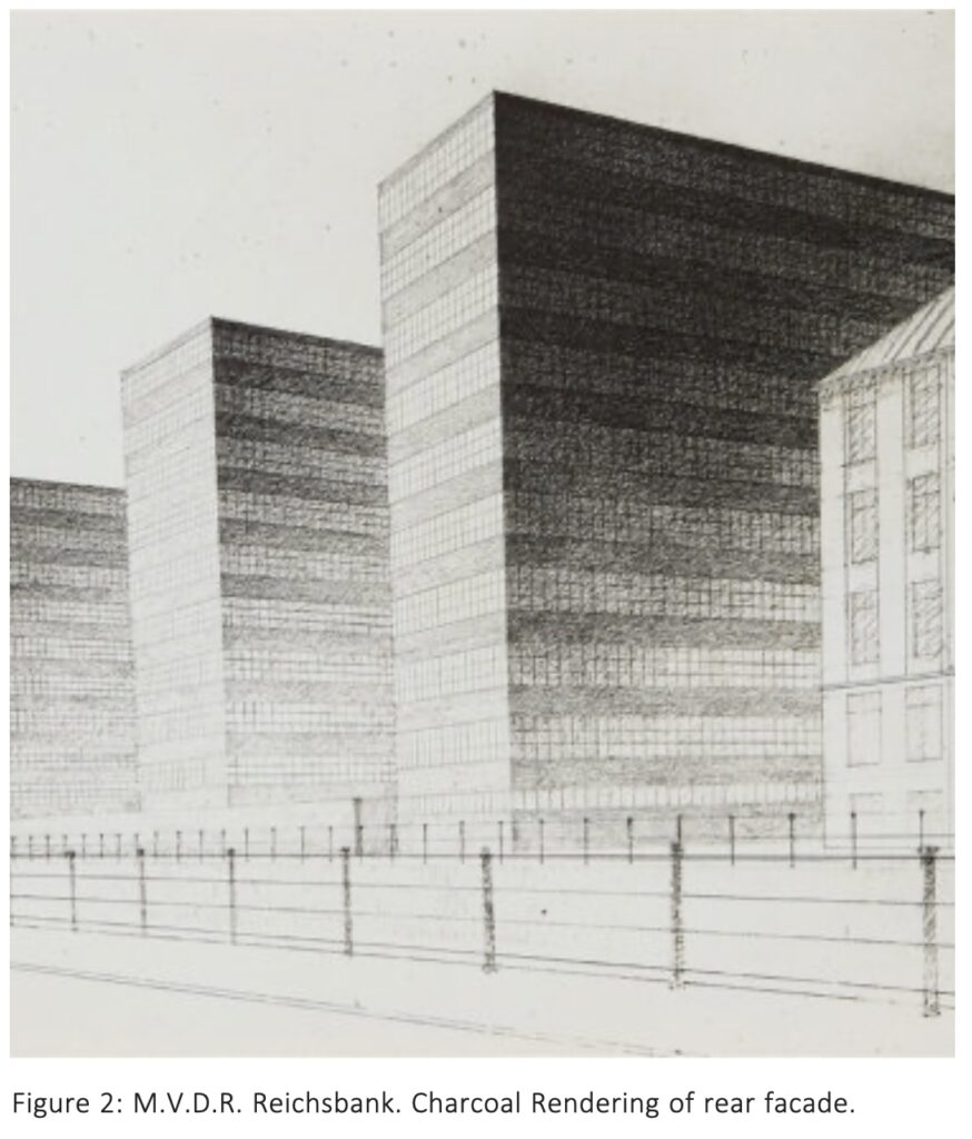 a mies van der rohe sketch of three glass curtain box buildings, 10-story wings on the back of the reichsbank, which he proposed in 1933, as published in andrew gleeson's talk on mies van der rohe's nazi competition entries at the acsa in 2018