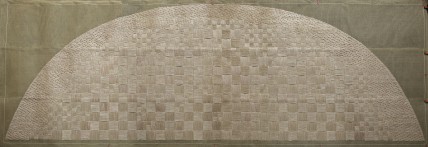 a basketweave arched form embroidered in silk on a similarly colored tan canvas, four and a half feet high and more than twelve feet wide, made to fit into an air france 747 lounge, but it seems like it never was, from a 2011 exhibit of sheila hicks at ica philadelphia