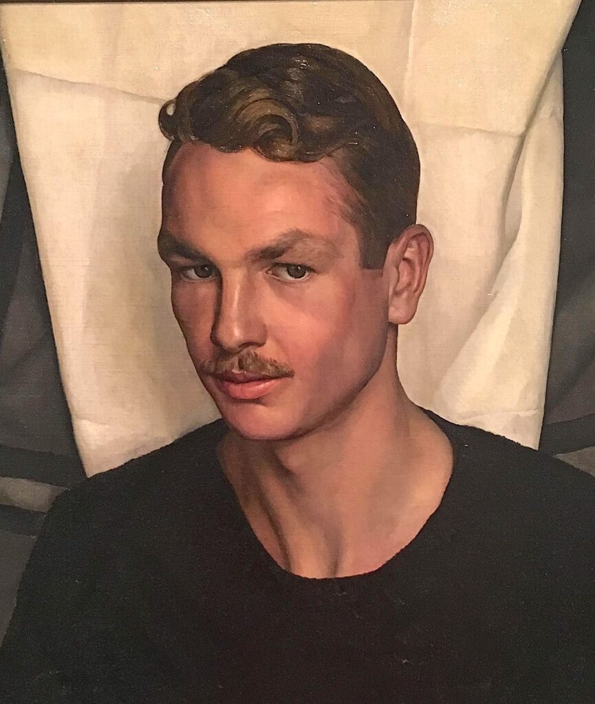 jared french thirst trap headshot, staring down his guy luigi with his short brown hair, kind of slutty little stache, a dark v-neck over a collarless shirt, a furled white cloth the only and incomplete background