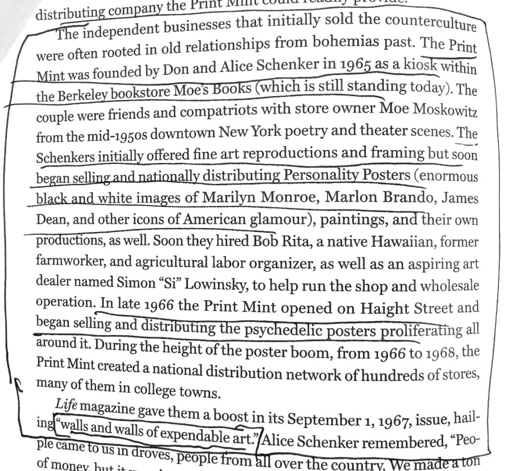 a screencap of a marked up excerpt from dan nagel's biography of r. crumb about the rise of the poster market in 1967-68, which includes the sentence, "Life magazine gave them a boost in its September 1, 1967 issue, hailing 'walls and walls of expendable art.'" marked, presumably, by richard prince, and distributed by galerie max hetzler in may 2025