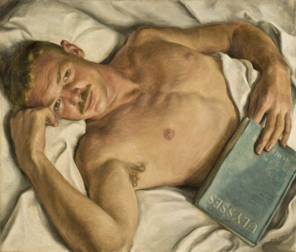 a ripped white guy with short blonde hair and a small mustache is lying in bed, upper body out of the white sheets, looking straight up at the viewer and more importantly, the painter, his guy paul cadmus, . the guy's right arm is flexed, pit out, and his fist resting against his temple, and his left arm across his stomach, a finger holding a spot in a blue wrapped first edition of james joyce's ulysses. it's weird because he looks like they just had sex, yet he's holding a book, albeit one banned for some dirty parts. the painting jerry is from 1931, and is in the collection of the toledo museum, tho the subject, jared french, kept it until he died in 1988.