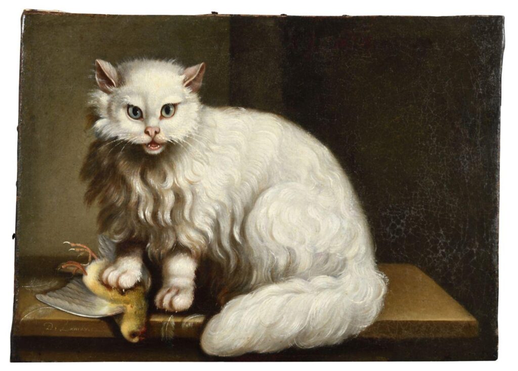 a small 18th century painting of a white angora cat sitting on a table with a plain background. the cat has a dead canary under its bloody right paw. signed delamarre, this painting is being sold in may 2025 by osenat