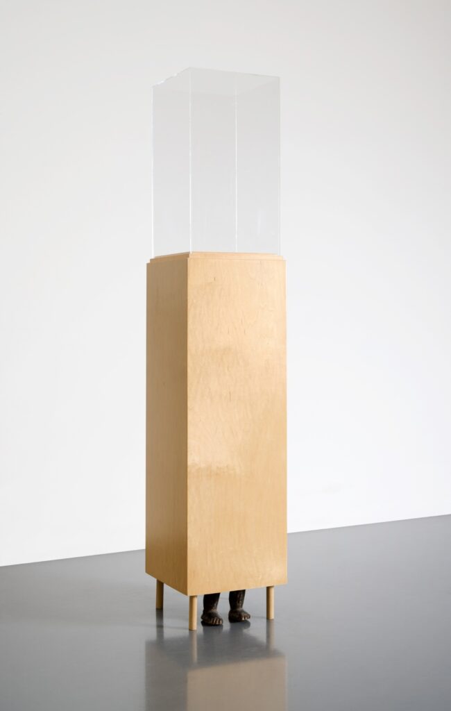 a david hammons sculpture comprised of a square plywood pedstal twelve inches on a side, raised on dowel legs, with an empty plexiglass vitrine nested on top, and a traditionally carved african figure underneath the pedestal, so that just its lower legs are sticking out. untitled hidden from view was made in 2002, sold in 2015, and brought to auction at sotheby's in 2025, where it failed to sell