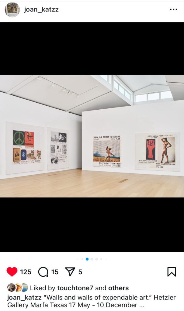 screencap of joan_katzz's instagram post of an installation shot of richard prince's posters show at galerie max hetzler marfa, on 17 may 2025, documents four large, mostly square canvases of blown up rephotos of collaged grids of 1960s Marboro Posters magazine ads in a white clerestoried gallery space