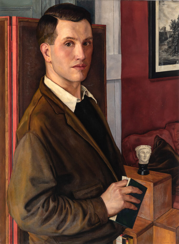 a 1933 self portrait by luigi lucioni, in which a clean cut white guy of 33 with dark hair combed nearly, is standing at a 3/4 angle in his studio. he is wearing a white collard shirt under a dark sweater and a dark brown jacket, holding a dark blue covered- book, with his index finger inserted near the end. I think this is his copy of ulysses, which he had also loaned to paul cadmus. behind him is a side table of wooden cubes, with a greek head on top, and some books, including tolstoy, inside. a maroon sofa almost matches the maroon fabric on the wall of the studio. behind the artist is a folding screen. this painting sold at doyle in 2024