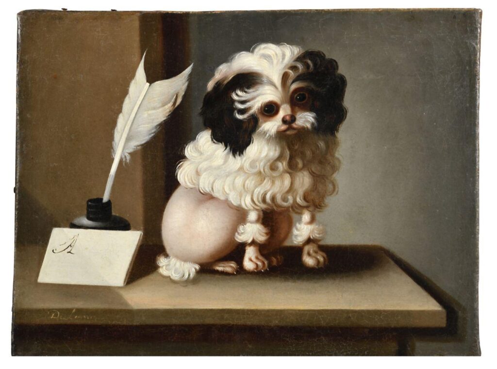 a small painting of a tiny dog with a shaved butt and black and white mane-like haircut seated on a desk next to a quill pen and ink pot and a calling card with the letter A written in calligraphic hand, no real background to speak of, but definitely a space. this de lamarre painting of a dog often called pompon is being sold in may 2025 at osenat in versailles