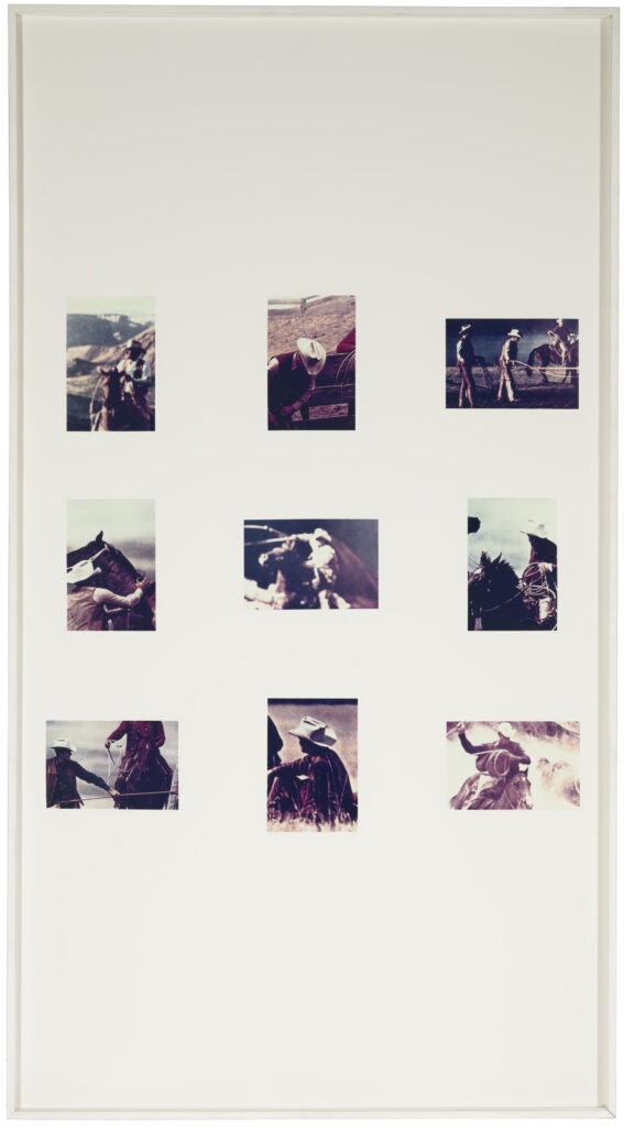 a 1986 photo work of richard prince features a grid of nine rephotographs of cowboys, either in vertical or horizontal orientation, with a lot of white space around them, because they were all originally slides arranged on a lightbox, printed four feet wide and like eight feet tall, but much of the upper and lower parts of the sheet are blank. sold at christies in may 2025