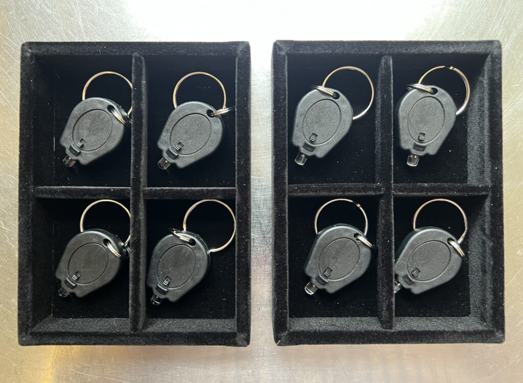 two 2 by 2 rectangular jewelry trays lined in black velvet, with a single blue LED key fob-size light on a thin steel ring in each compartment, a work from greg.org 