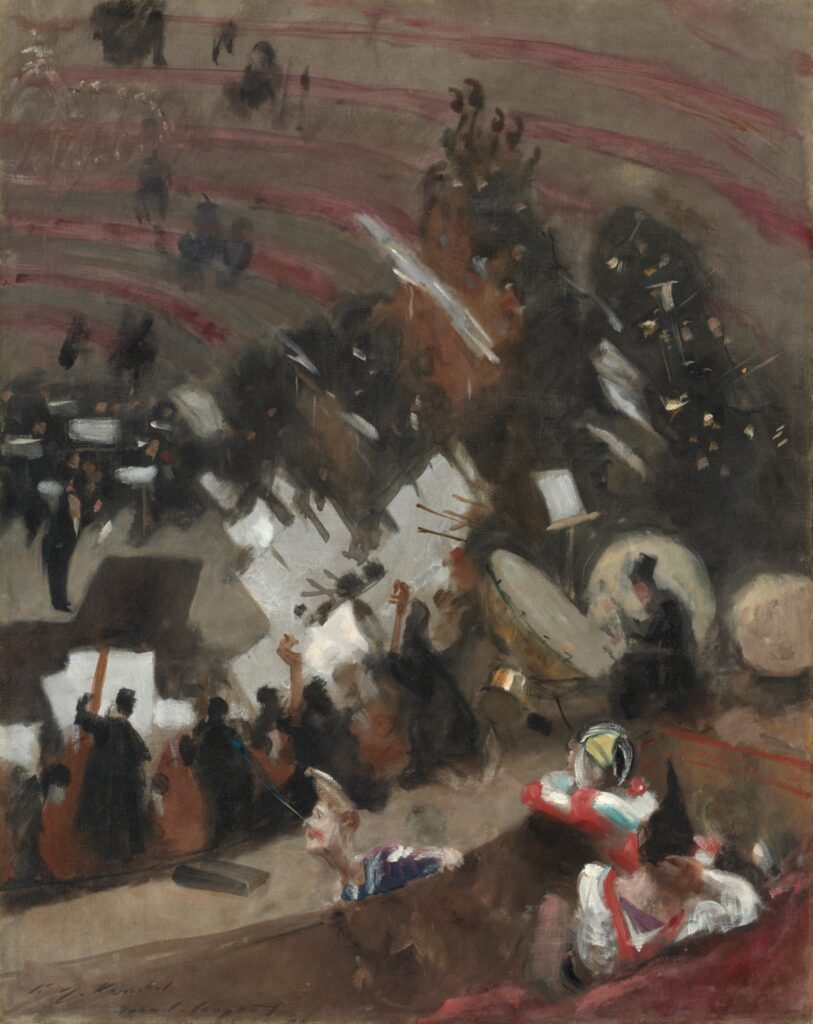 a brushy painting of an orchestra rehearsing in the round in a steep amphitheater, their sheet music the only clear things among a foggy blur, and three lazy clowns sitting in the foreground, by john singer sargent