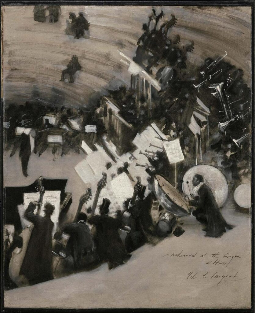 a blurry grisaille wash painting of an orchestra rehearsal, from a cheap seat, all the musicians a blur of black, with sharp, thin brushstrokes picking out the bare reflections of light on brass instruments, and the white sheet music providing the dominant geometric motif. by john singer sargent.
