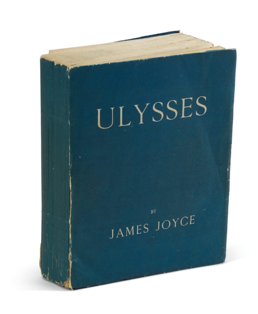 a 1922 edition of james joyce's ulysses, from egoist press, with a darker blue wrapper than is normally associated with the first shakespeare edition, but maybe that's just age or natural variation? anyway, sold at sothebys in 2019