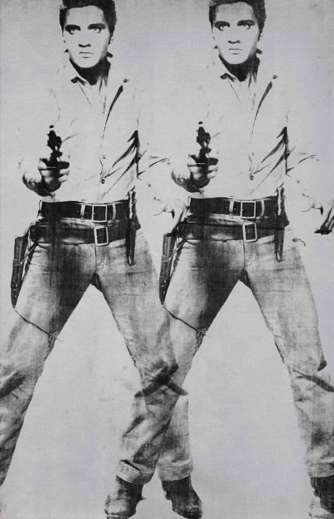 a warhol painting made by screenprinting a black image of elvis dressed as a cowboy, legs wide, holding a gun, twice, on a silver canvas, this 1963 painting sold at christie's in 2019 for $53 million on an estimate of $50-70m, so they barely eked that out.