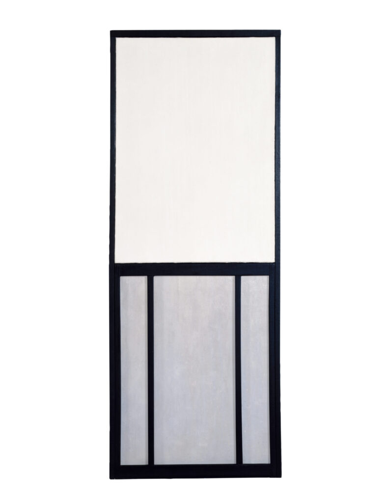 an artwork of two vertical rectangles, a monochrome white canvas above and a faint grey assemblage of painted wood below, divided into three sections with black painted vertical wood trim, the whole thing reads as a tall window with mullions, but is a 1949 work by ellsworth kelly