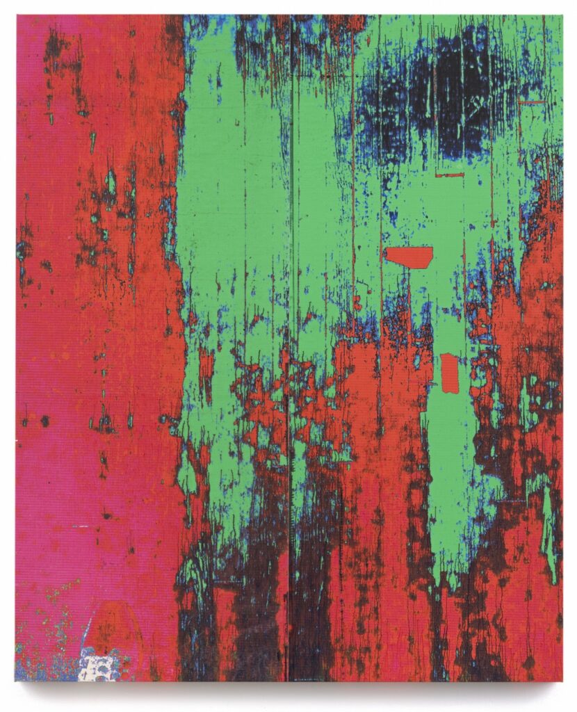 a wade guyton painting from 2023 of layers of worn paint on the floor of his studio. the abstract striated pattern looks like a richter squeegee painting or a clyfford still in composition. the saturated red, green, and black patches read as paint colors, but it turns out the artist alters the colors before printing his canvases. this variation was shown at matthew marks in 2023
