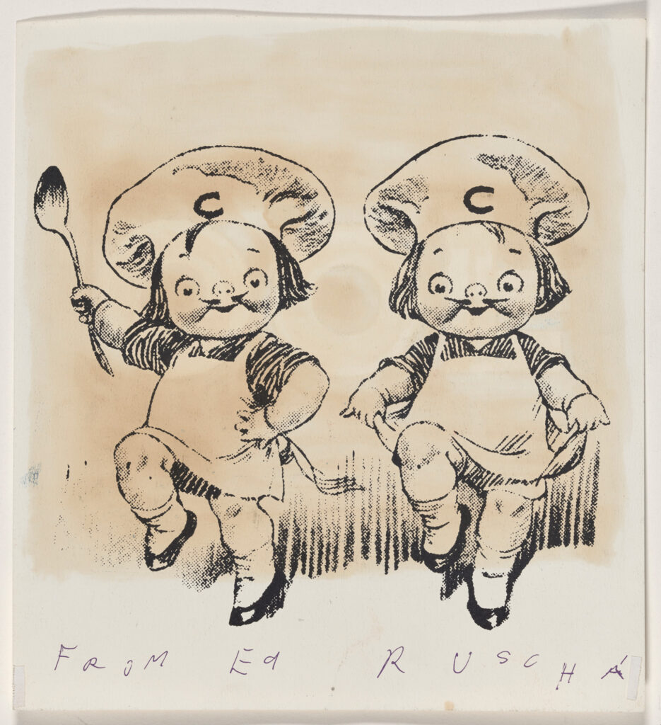 an illustration of two cherubic children dressed as little chefs marching with a giant spoon, the campbell kids were marketing mascots for the soup company, here appropriated by ed ruscha, or rather, ed ruscha made a study on a leftover lithograph of this soup ad. now at the national gallery