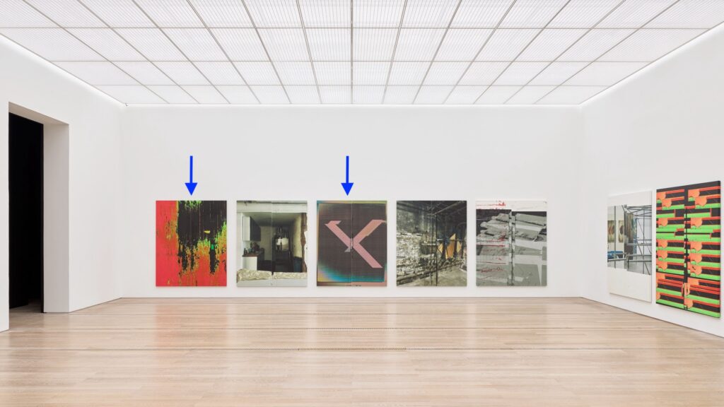 an installation view of eight wade guyton paintings in a row on two walls of a beyeler foundation gallery in basel, with a bright lightbox grid ceiling and a pale wood floor, one of renzo piano's museum gems that got him into the museum manufacturing business