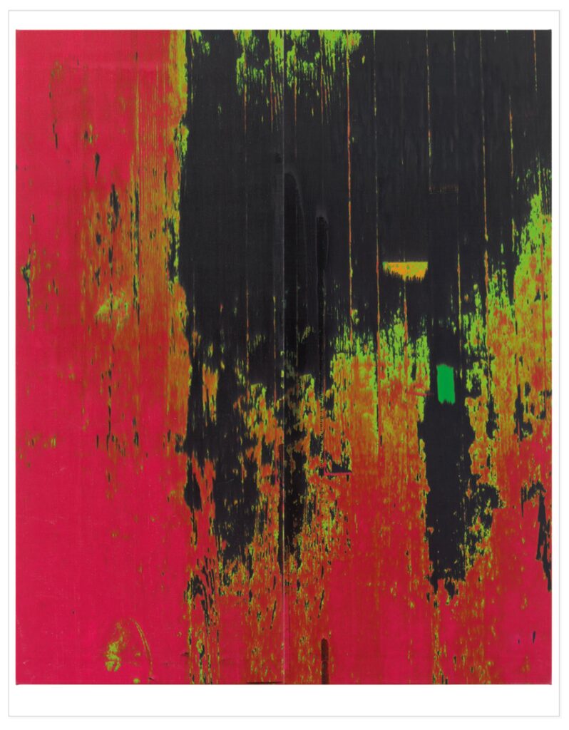 a thin grey line and white border around this image of a wade guyton painting of a photo of the artist's studio floor indicates that it is a print of that painting. the photo for the painting has been manipulated to highlight the dark blacks and reds in the worn and often-repainted floor. the painting is on view at the beyeler, who is selling this print edition in 2025