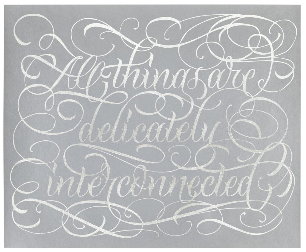 a jenny holzer silkscreen print in silver ink with palladium leaf on light gray paper that reads all things are delicately interconnected, in an exuberant calligraphic style surrounded by swirly calligraphic flourishes that fill the whole paper. made in 2020, selling at phillips in 2025