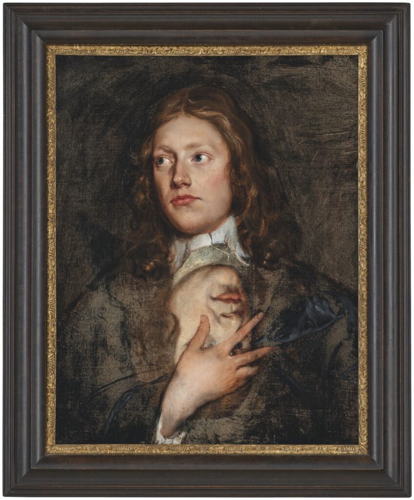 a 17th century portrait painting of a longhaired white guy with delicate features, looking up and to his right, with his hand on his chest, where it partially covers the upside down face of another person, painted somewhat larger, but with a similar longhaird white guy vibe. in a black and gilt frame, by isaac fuller, from christie's c. 2021