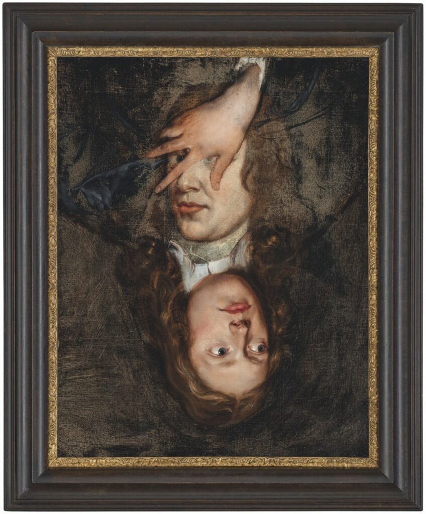 a 17th century portrait painting of a longhaired white guy over the portrait of another longhaired white guy, but turned 180 degrees so that the underpainting is upright. the body of either figure is faintly sketched out, and perhaps was lost in the restoration process that uncovered the earlier portrait. or maybe the painter isaac fuller did all the work on the face, and in the case of the overpainting, the hand, and never got to finishing either one. via christies