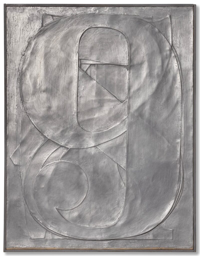 a 1961 sculp-metal collage by jasper johns of the numbers 0 thru 9 cut out of this putty/aluminum powder material, and laid on top of each other in a way that their overlaps and layers come through while the color of the surface is a nearly uniform but slightly shiny medium gray. this sold at christie's in 2024