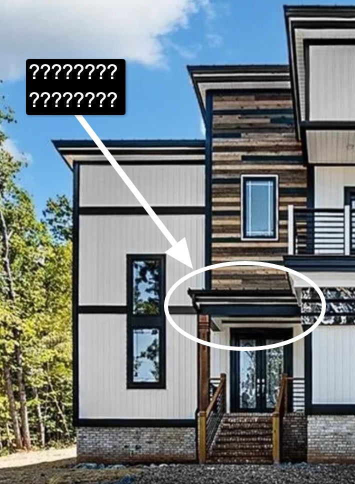 a detail of a real estate listing for a cursed new house in north carolina where the vinyl siding and etsy accent barnwood are all outlined with black trim like a line drawing, and mcmansion hell has added an annotation of a dozen or more question marks to a porch roof that doesn't match, but this image is posted here because on the left side of the house is what appears to be a double height window made from two single sindows, which is misaligned to all the rest of the black trim, but which also bears a resemblance, however cursed, to the museum of modern art paris window that ellsworth kelly saw in 1949