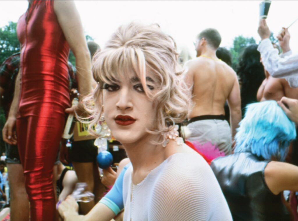 nan goldin's 1991 photo of jimmy paulette at wigstock is a bust portrait of jimmy paul's femme persona, in a fine white mesh top and a blonde updo wig with bangs.behind is a crowd of wigstock bodies: a figure in a tight red lamé evening gown; a white muscly guy with his shirt off and back turned, someone in a turquoise shirt. an iconic goldin image
