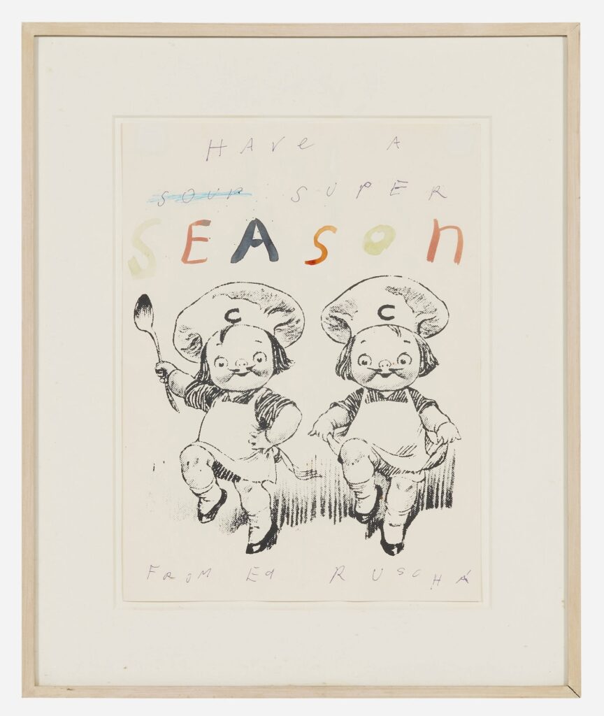 two cherubic pug nosed kids with fake mustaches and chef outfits are prancing while holding a soup spoon, campbell soup mascots repurposed into a christmas card by ed ruscha whose handwriting above reads have a soup super season, in a mix of ink/lithography and watercolor paint. in a pale wood frame, selling at la modern in 2025