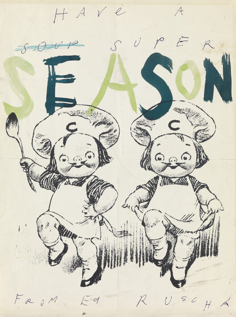two cherubic pug nosed kids with fake mustaches and chef outfits are prancing while holding a soup spoon, campbell soup mascots repurposed into a christmas card by ed ruscha whose handwriting above reads have a soup super season, in a mix of ink/lithography and watercolor paint. this one sold at swann in 2019