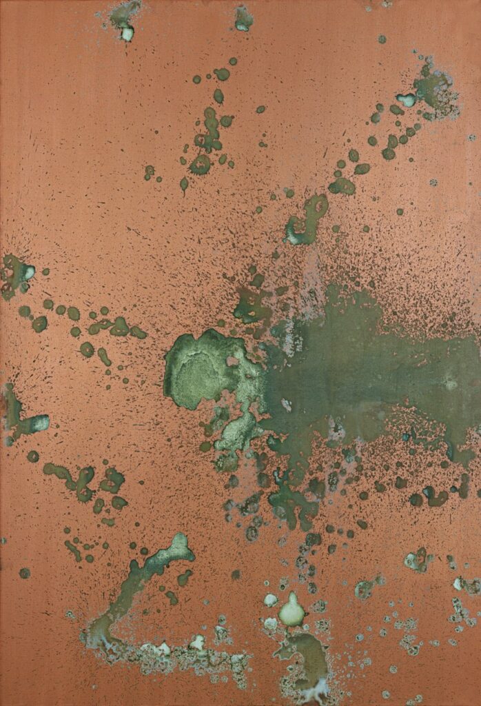 a vertically oriented painting with a copper metallic background, and splotches and spray patterns of oxidized green where someone pissed on the paint while it was still wet. this warhol oxidation painting was sold at christie's in 2008, and is on view at skarstedt in nyc in 2025 