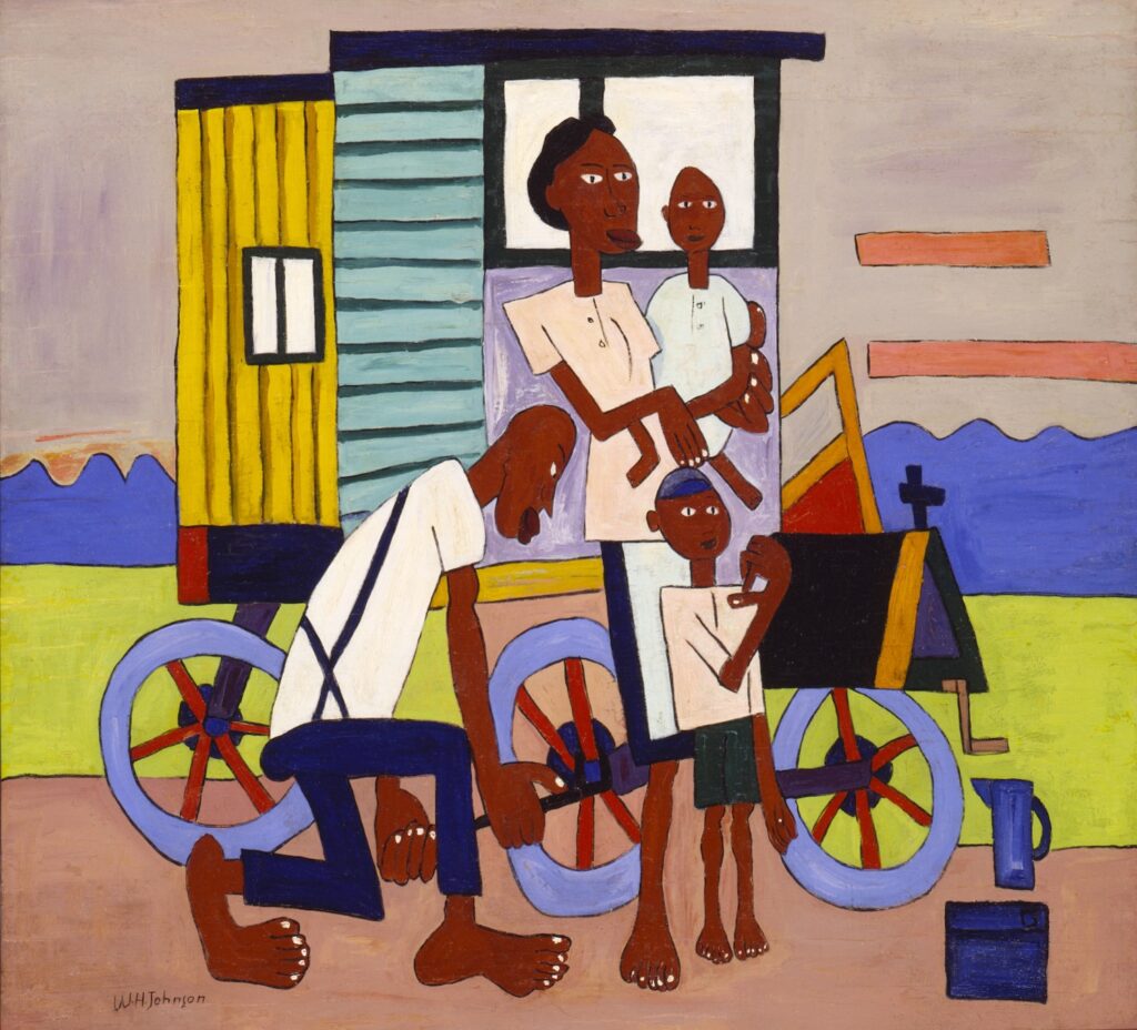 a radically simplified linear style with a modern, limited palette of chartreuse, purple, yellow, orange, and brown skin tone all come together in a scene of a black family fixing a flat tire on their older car. the father is working the jack while the mother holds a baby and a kid stands next to them. the vernacular style feels as much like african mask-inspired features as picasso, which would be apt. collection saam