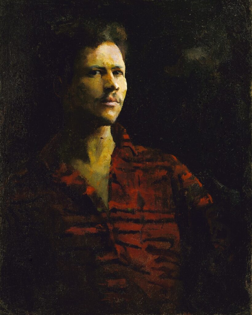 a self portrait of william h johnson in his mid-20s reveals a very light skinned man with thin features, brown hair, and a red and black patterned robe or shirt, lit by a single strong source amidst a very shadowy black background. collection saam