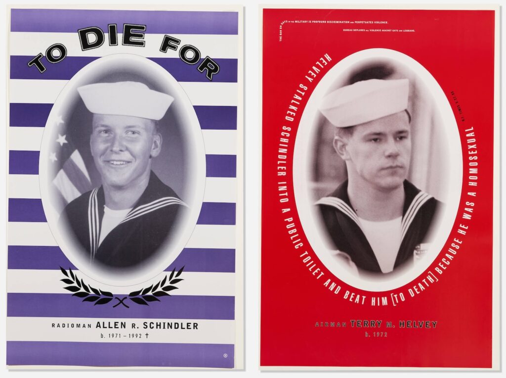 two portrait photos of us navy sailors are centered in medallions with white borders on two posters: the left, on a background of blue and white stripes, and the right, on a field of red. around the top of the sailor on the left, it says, to die for. underneath his portrait it says, raidoman allen r. schindler, 1971-1992. around the right sailor's portrait is a quote from the ny times: helvey stalked schindler into a public toilet and beat him to death because he was a homosexual. underneath it reads, airman terry m helvy, born 1972. at the top edge of the right poster in very small type it reads, the ban on gays in the military is profound discrimination and perpetuates violence. bureau deplores all violence against gays and lesbians. this pair of posters designed by bureau in 1993 are being sold in august 2025 at la modern auction