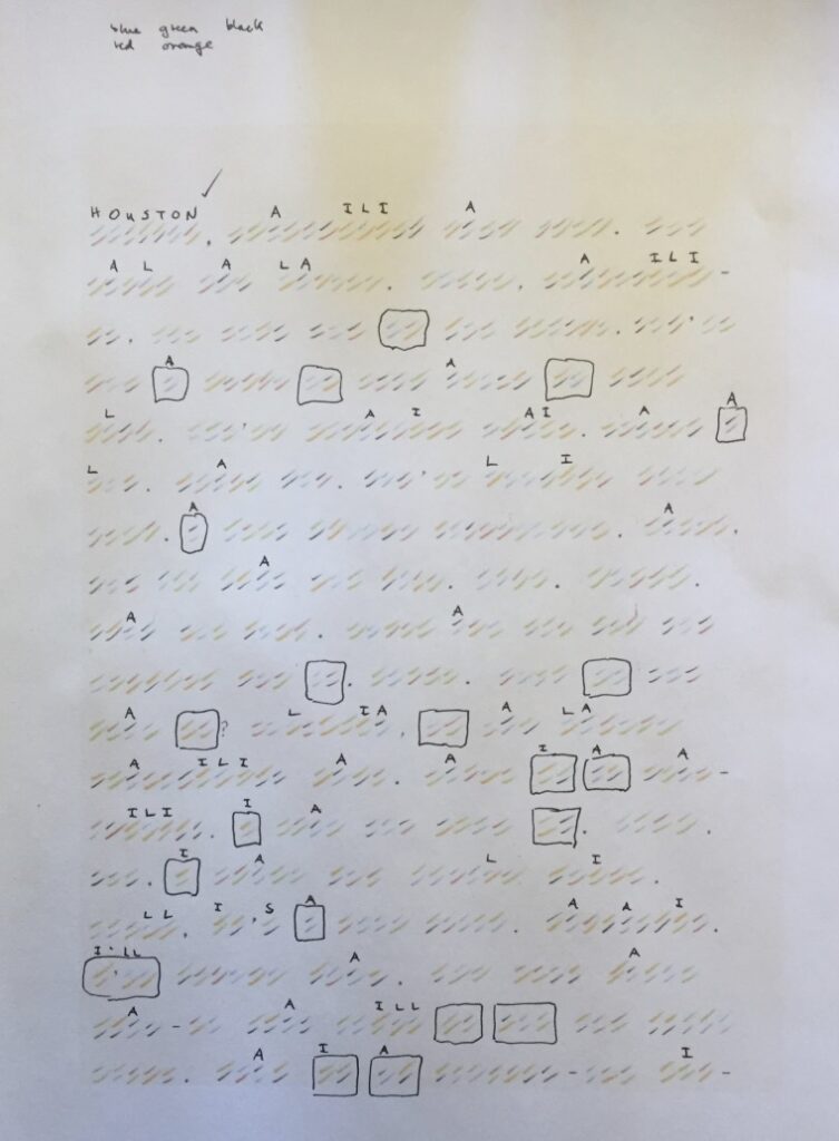 duncan mclaren's worksheet decoding a page from on kawara's 2011 drawing, voice from moon, in which differently colored pairs of hashmarks were substituted for roman alphabet letters. spoiler alert, though the title gives a big hint: it's the transcript of the 1969 moon landing, as published in the nyt, via onkawara.co.uk