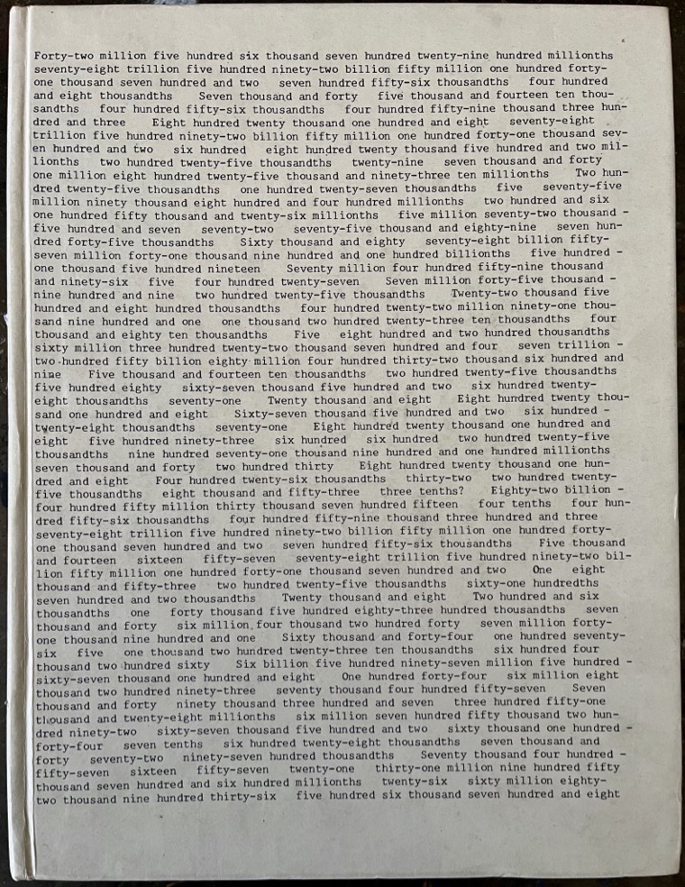 the cover of whole and part, a 1996 on kawara catalogue, is covered in typed out numbers of extraordinary size, both large and small. it turns out to be the beginning of a code work, though it was not acknowledged as such anywhere, only recognized later, by curators, and then decoded in 2024. via onkawara.co.uk