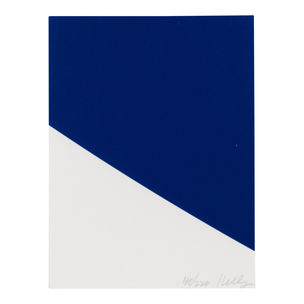 a small ellsworth kelly print, vertical in format, is a guillotine blade-shaped trapezoid of monochrome, deep blue, filling the top 2/3 of the tiny 8 x 6 inch sheet. this one, from the edition of 220, is number 43, and is being sold by bonhams from the lichtensteins' house in july 2025