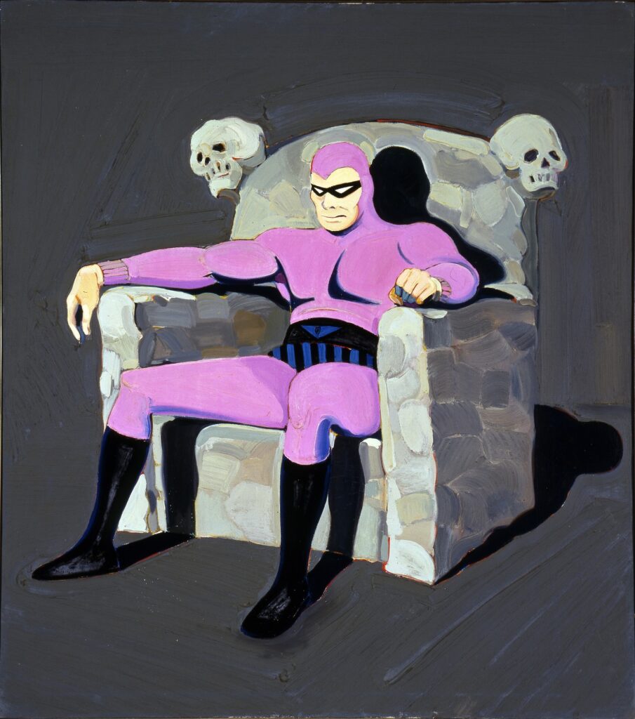 mel ramos's 1962 painting of the phantom is hilariously grim, a dejected-seeming middle-aged guy in a purple bodysuit with black underpants and boots on the outside, and a black eyemask, sitting in a masonry stone armchair with two skulls on the top corners, all in a black, featureless space,except there is a very strong lightsource from the picture's left, so there are strong shadows of the figure's calves, head, and the back of the chair. so weird, so great. at the smithsonian american art museum