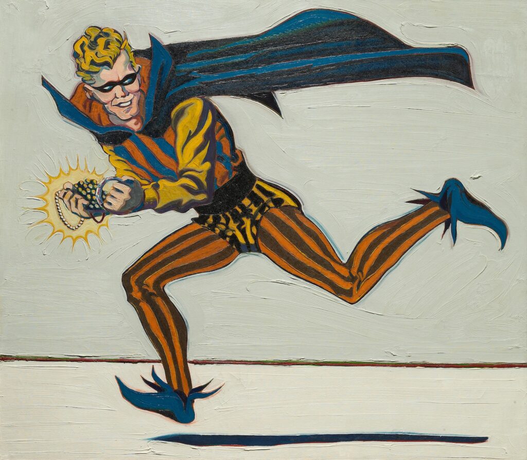 mel ramos's 1962 painting of the trickster is the white dc comics villain with short red hair and a diamond shaped eye mask, wearing orange, yellow, and black striped tights and tunic and a dark cape and little booties that look like a renn fair court jester cosplay, except the booties are magic, so he's levitating as he runs through a starkly white wayne thiebaud style space clutching two handfuls of stolen jewels. this painting did not sell at bonhams in 2013, but they left the jpg up anyway