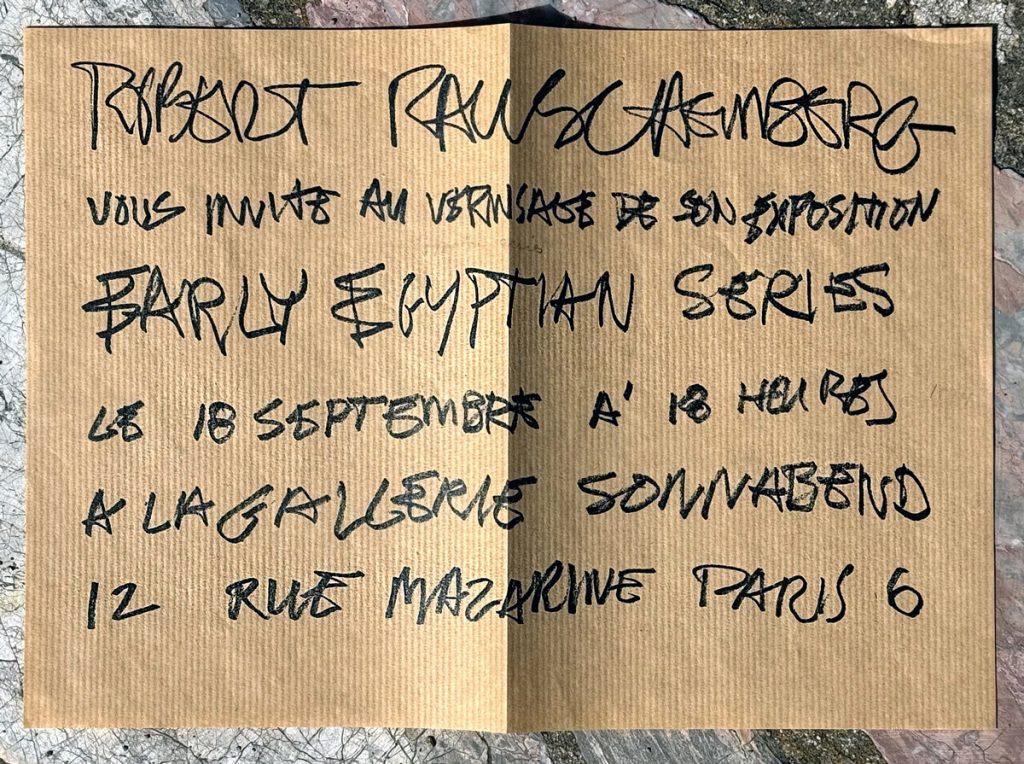rauschenberg's handwritten gallery announcement for a 1973 show at sonnabend in paris is printed on a sheet of brown paper, folded like a newspaper. via bent priorities