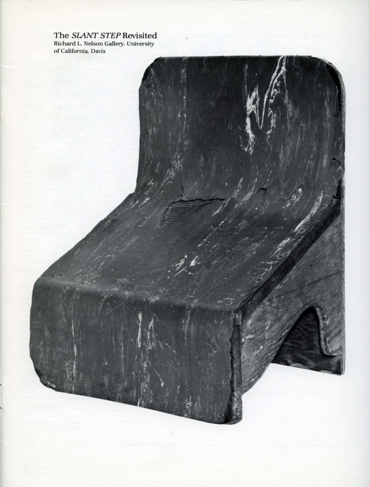 a child-sized plywood chair with a slanted seat, and a back, seat, and front lined in dark speckled linoleum, that was originally created for lifting your feet up while sitting on a toilet to improve your shitting, became an object of fetishized mystery among several generations of male post-minimalist and conceptual artists after it was acquired at a thrift store, is here depicted in black and white on the cover of a catalogue for the third exhibition it inspired, in 1983.